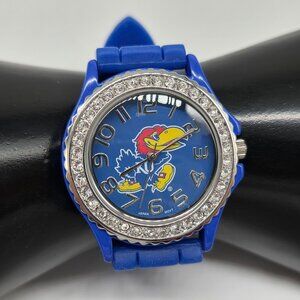 Kansas Jayhawks Blue Silicone Band Watch Rhinestone Bezel & Stainless Steel